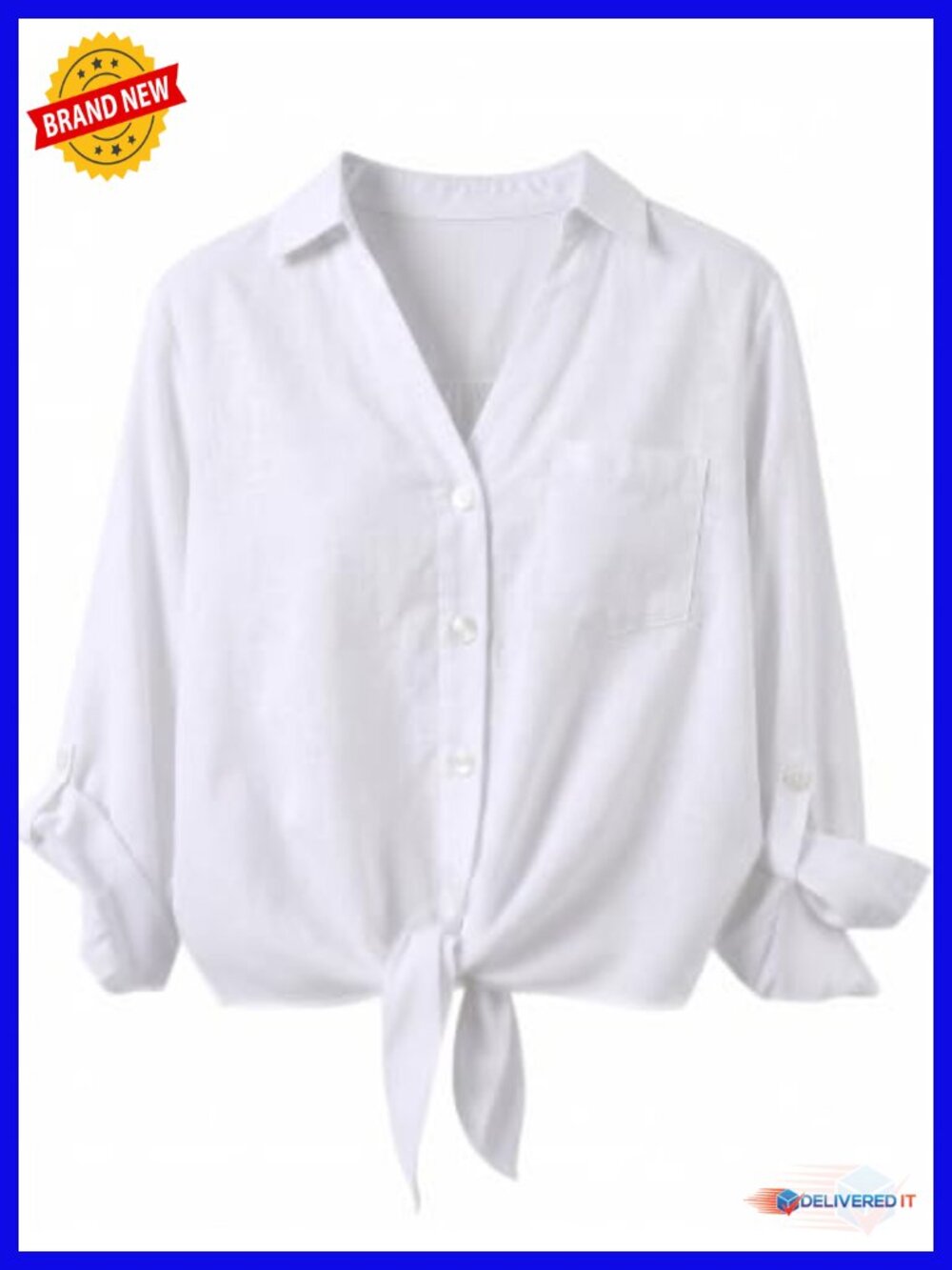 Tie Front 3/4 Sleeve Cotton Linen Blouse Women Boho Button Up Shirt